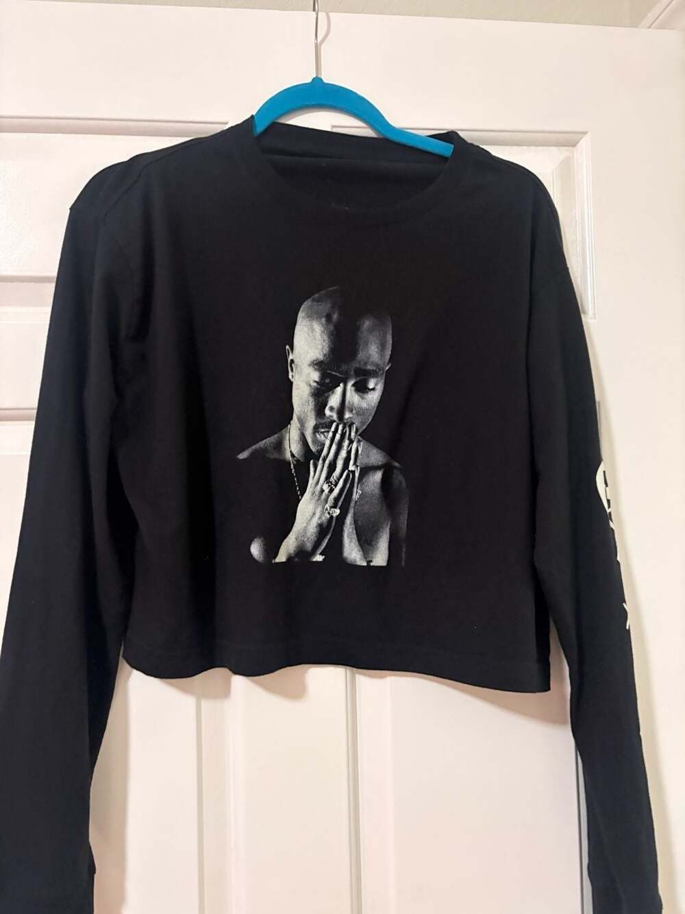 2Pac Tupac Shakur Long Sleeve Crop Top Size XL Black Graphic Tee